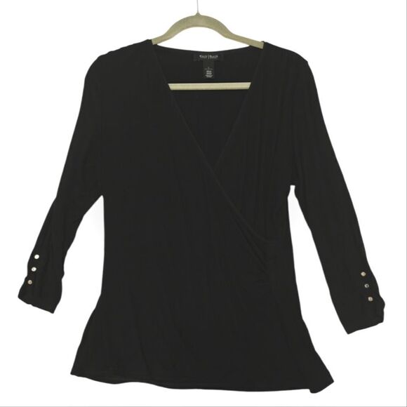 WHBM BLACK FAUX WRAP V Neck 3/4 sleeve top blouse SZ L - Picture 1 of 6